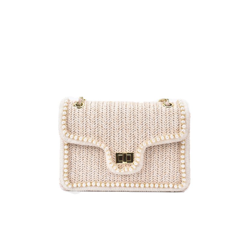 Women's Bags New Style Beads Edge Chain One Shoulder Lock Small Square Bag Ladies Straw Woven Small Fragrance Style Fashion Small Square Bag_voghion.com