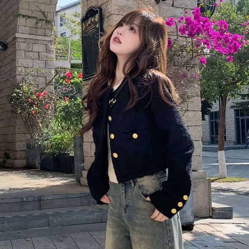 Veste courte à col rond et boucle en métal pour navetteurs, style petit parfumé, haut noir sans col pour le printemps et l'automne_voghion.com
