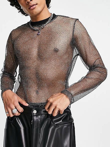 T-shirt da uomo in rete a maniche lunghe con spalle cadenti e trasparente, abbigliamento da discoteca maschile, maglietta con fondo in rete traspirante e lucido_voghion.com