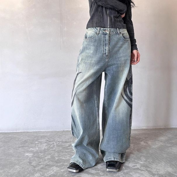 Jeans mit Blumendruck in Übergröße für Damen, hoch taillierte Hip-Hop-Streetwear-Hose mit weitem Bein, trendige Baggy-Jeanshose mit stylischem Design_voghion.com