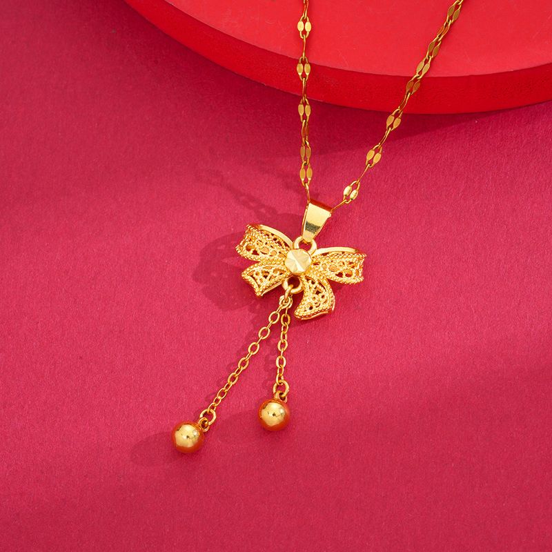 New bow gold pendant for women in summer, niche temperament, light luxury necklace jewelry, earrings, clavicle chain, no fading_voghion.com
