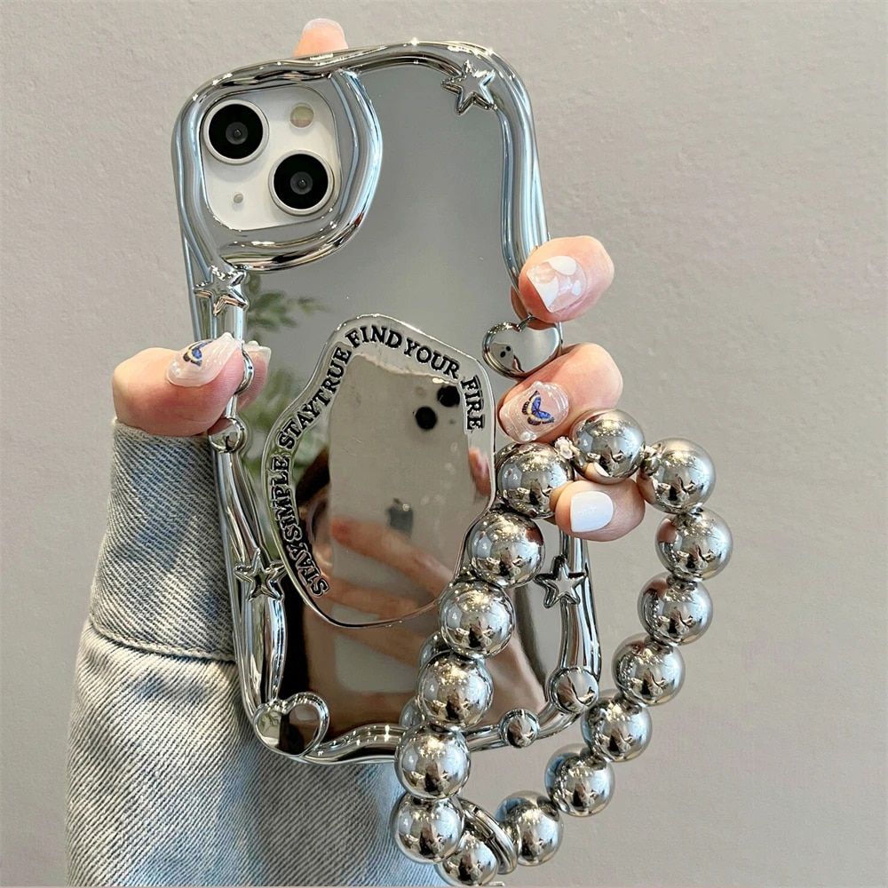 Étui de support en métal plaqué 3D en forme de cœur pour iPhone 14 13 12 15 Pro Max XR XS Sier Hang Bracelet rond Chaîne Couverture_voghion.com