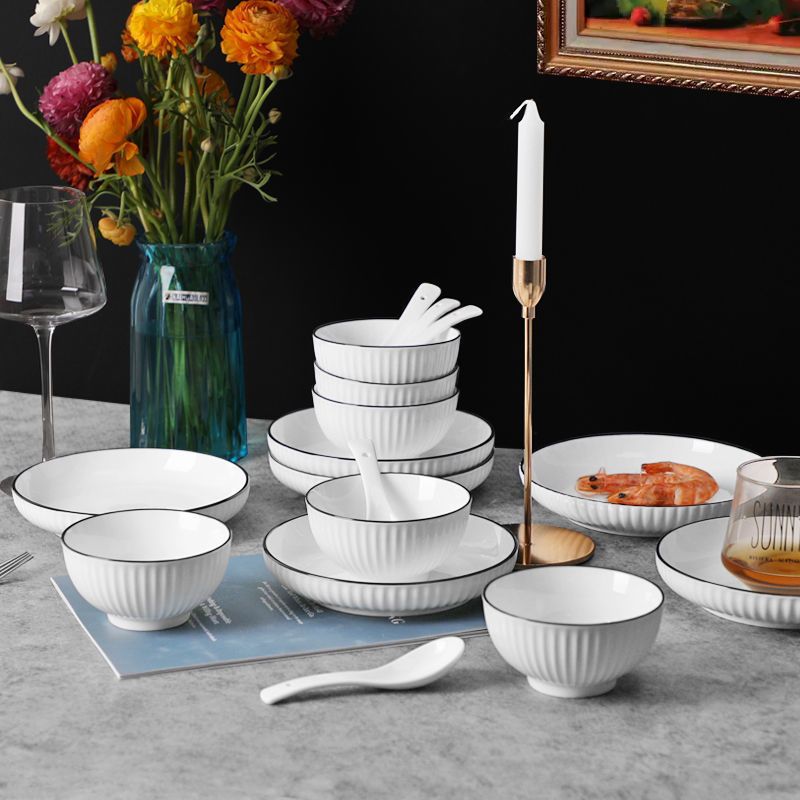 Modern keramisk skål Set Strukturerad Runda Fruktsalladsfat Minimalistisk Vertikal Rand Design Mikrovågsugn Diskmaskin Säker porslin för hemköket_voghion.com