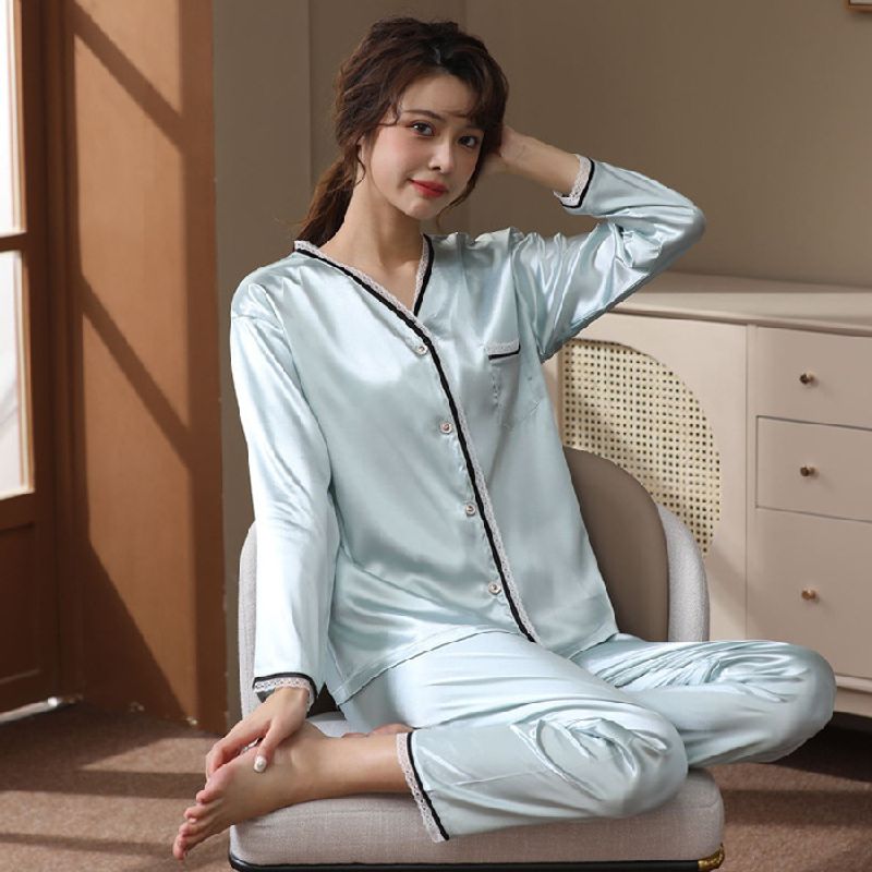 Kevään ja syksyn pyjamat Naisten jääsilkkineuletakki pitkähihainen pitsi V-kaula-aukko, makea opiskelija-asusetti Kotivaatteet_voghion.com