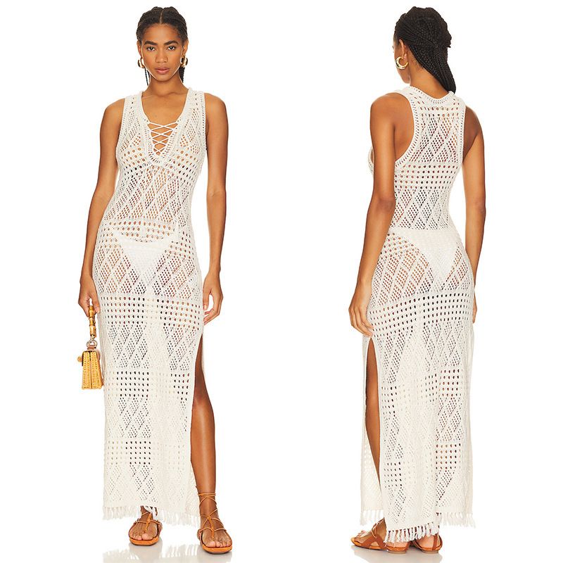Women's Clothing Hollow Knitted Sunscreen Shirt Lace Knit Beach Cover-Up Dress - Sexy Bikini Sheer Crochet Long Vest With Sun Protection For Women​_voghion.com