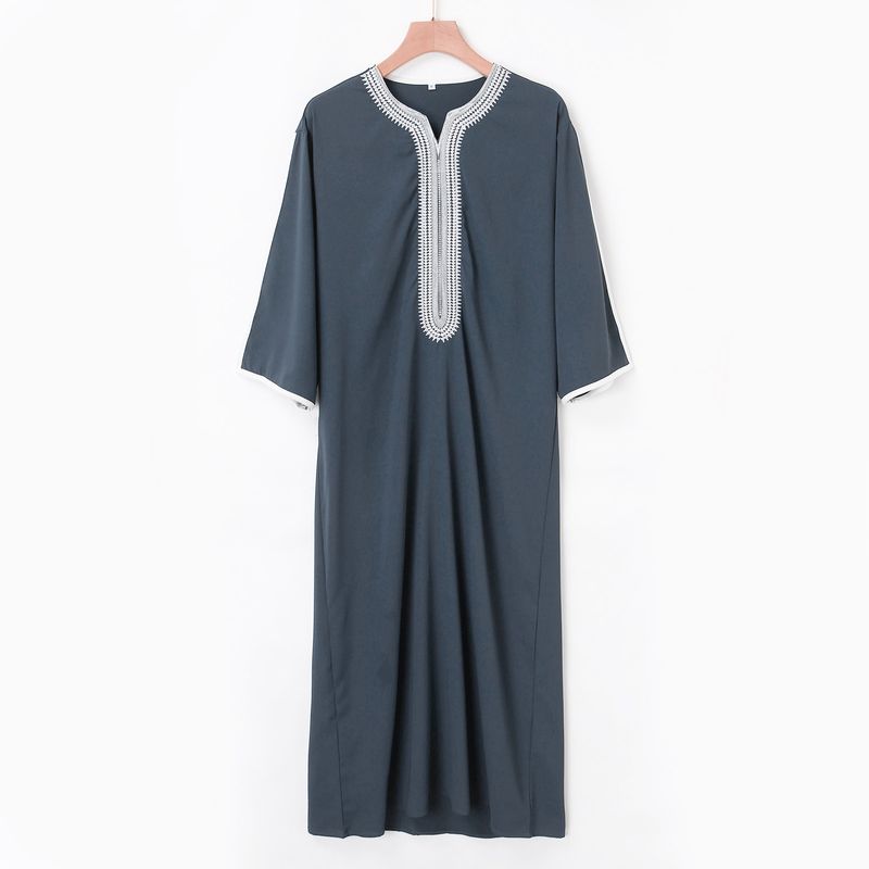 Men's Clothing New Robe Short Sleeve Embroidery Navy Blue Men's Muslim Robe_voghion.com