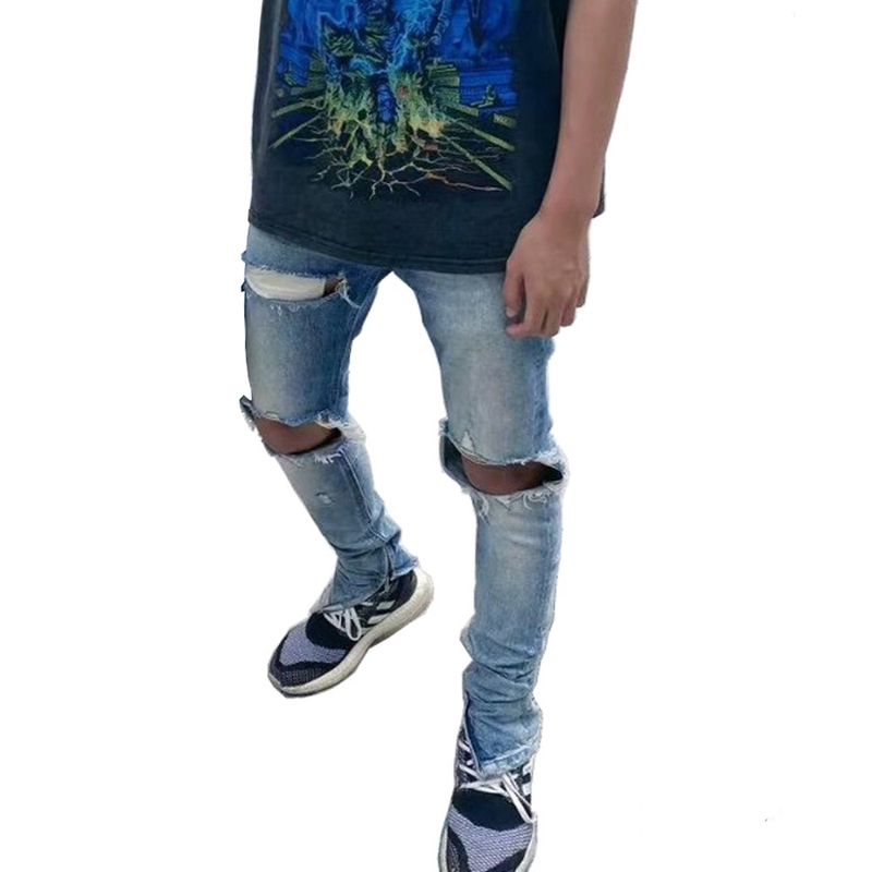 Herrenbekleidung FOG-Stil Reißverschluss Saum Knopfleiste Herren Übergröße zerrissene Jeans mit kleinen Füßen_voghion.com