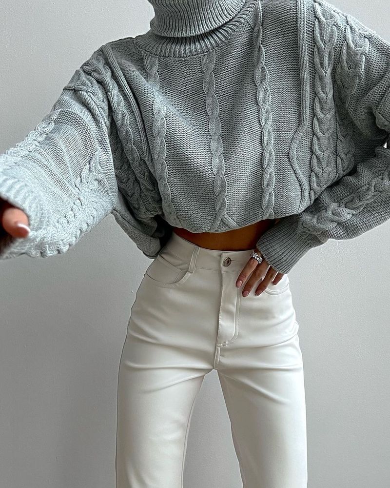 Lässiger, langärmliger Jacquard-Pullover mit Twist-Rollkragenpullover für Damen_voghion.com