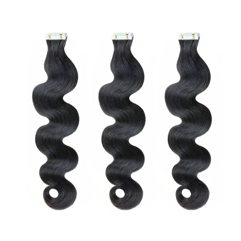 Extensions de cheveux Body Wave à bande adhésive, cheveux humains brésiliens Remy noirs naturels pour femmes, bande adhésive invisible, 20 pièces/ensemble_voghion.com