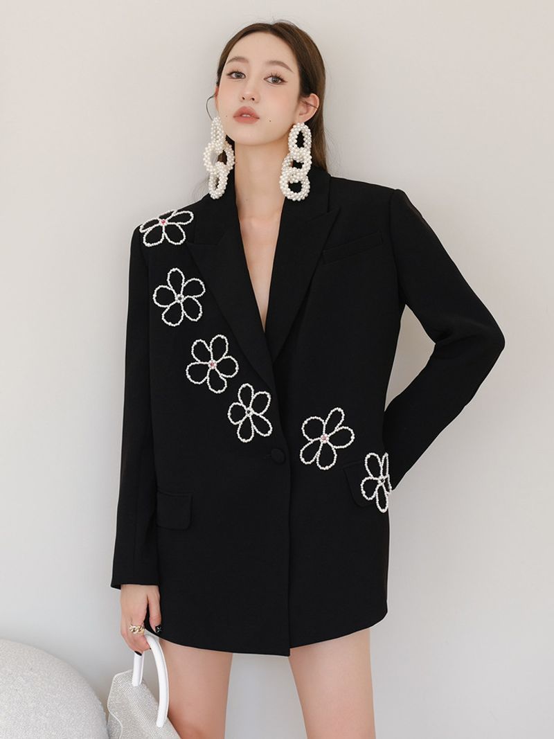 Giacca invernale casual ampia da donna con design retrò in perle nere_voghion.com