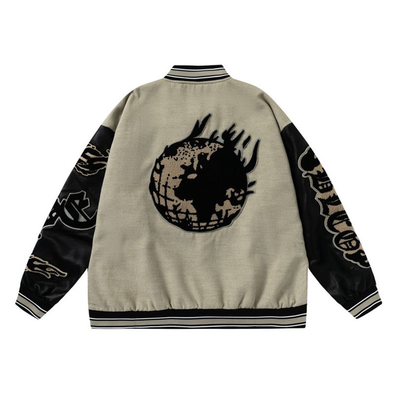 Vêtements pour hommes Printemps et automne rétro élément de flamme lettre jaune uniforme de baseball hommes et femmes tendance nationale couple de rue veste manteau_voghion.com