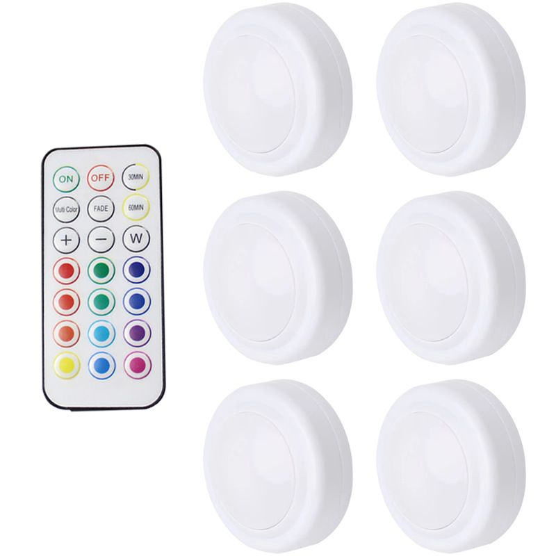 Langaton 16 väriä vaihtava LED 6 kpl LED kaapinalusvalaistus vaatehuoneen valo paristokäyttöiset yövalot kaukosäätimellä, himmentimellä ja ajastuksella_voghion.com
