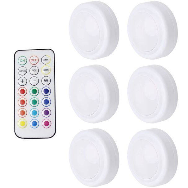 Langaton 16 väriä vaihtava LED 6 kpl LED kaapinalusvalaistus vaatehuoneen valo paristokäyttöiset yövalot kaukosäätimellä, himmentimellä ja ajastuksella_voghion.com