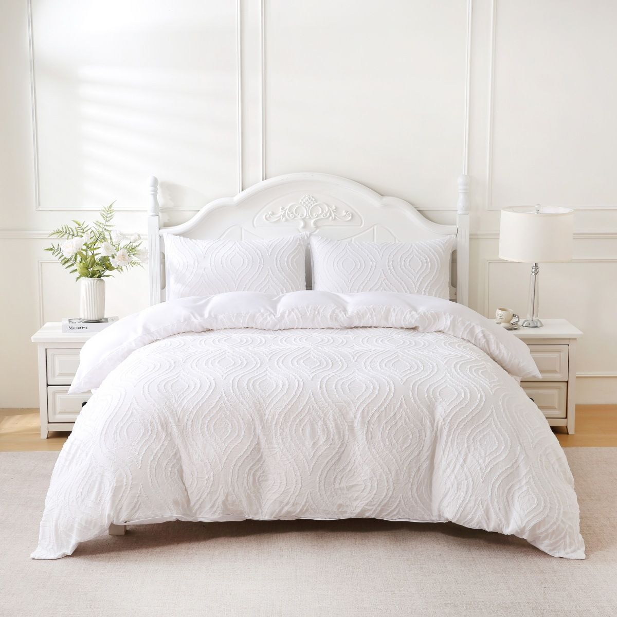 Parure de lit 3 pièces avec housse de couette blanche à motif floral marocain (taille King/Queen, douce et respirante, style hôtelier infroissable)_voghion.com