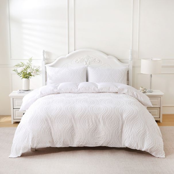 Parure de lit 3 pièces avec housse de couette blanche à motif floral marocain (taille King/Queen, douce et respirante, style hôtelier infroissable)_voghion.com