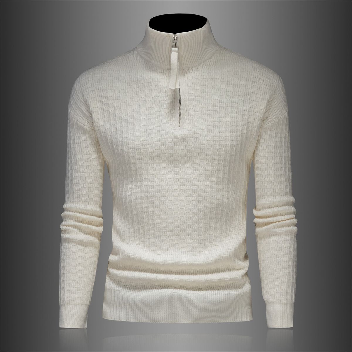 Heren slim fit gebreide trui - trui met halve rits en opstaande kraag, minimalistische effen kleur, lange mouwen winterbasislaag (wit/zwart, maten M-4XL)_voghion.com