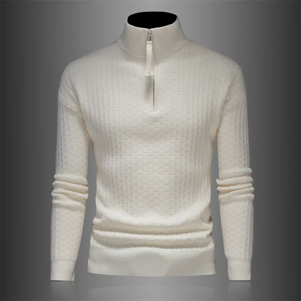 Heren slim fit gebreide trui - trui met halve rits en opstaande kraag, minimalistische effen kleur, lange mouwen winterbasislaag (wit/zwart, maten M-4XL)_voghion.com