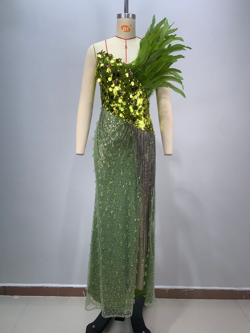 Robe de soirée longue et cintrée pour femme, avec perles brillantes, plumes, pompons, chaîne en diamant, pendentif en cristal, taille haute_voghion.com