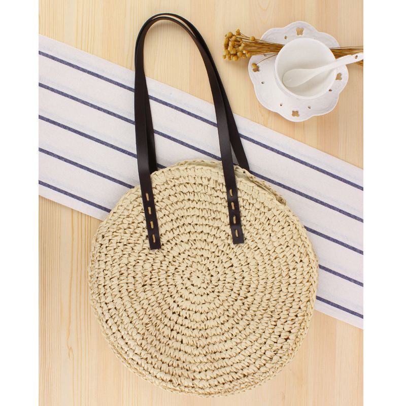 Borsa da spiaggia in stile pastorale con tracolla singola in paglia da donna_voghion.com