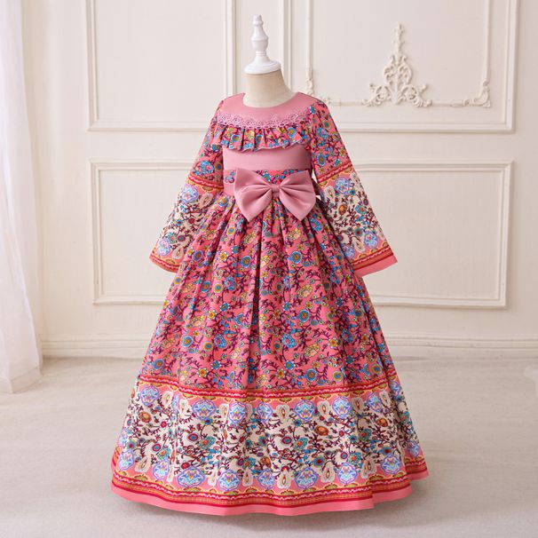 Kleidung für junge Mädchen Abendkleid mit Blumen-Retro-Print, langärmelig, Palast-Stil, Schleife, langer Rock, Klavier-Performance-Kleidung für Mädchen_voghion.com