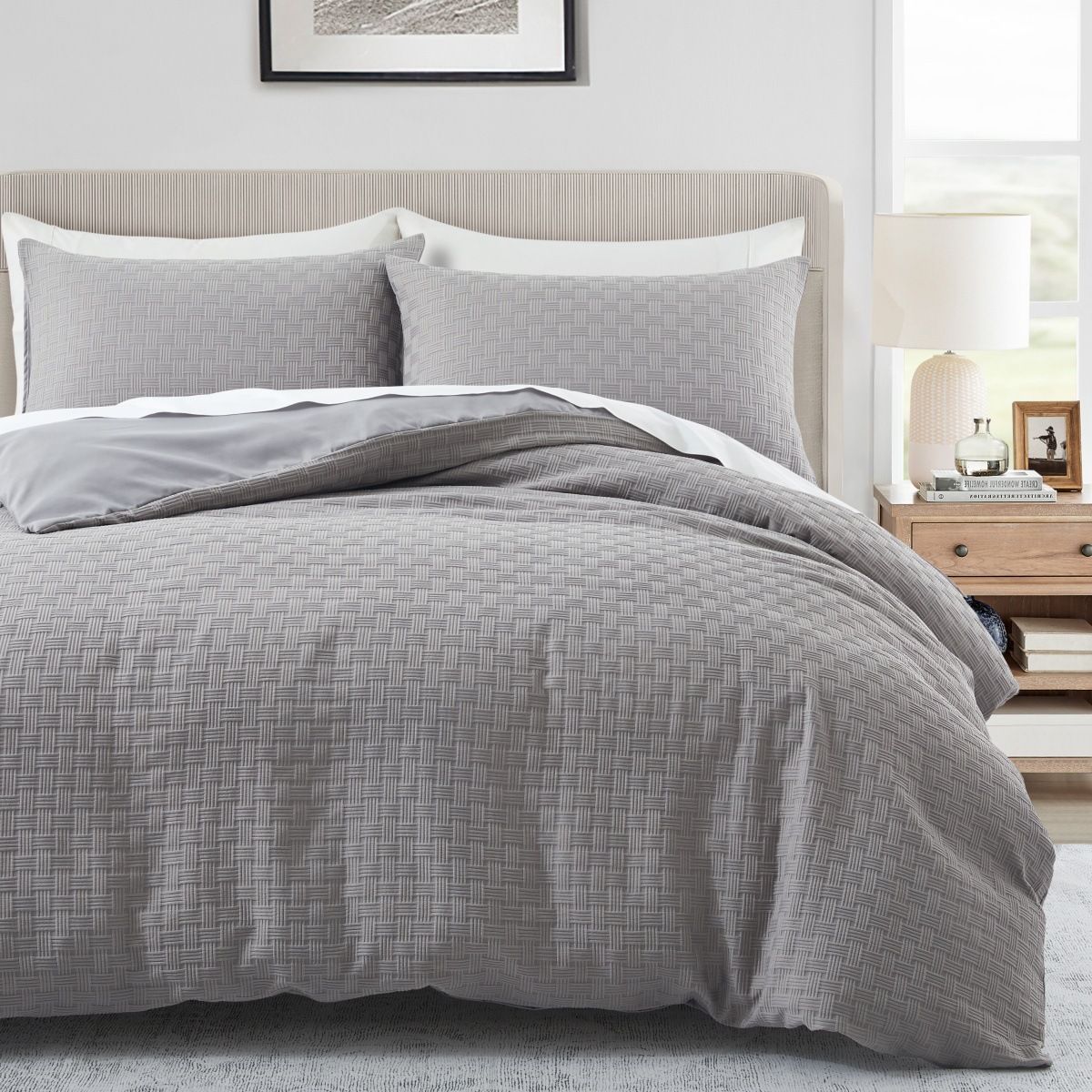 Gray Waffle Yarn Dyed Quilt Cover Home Textile Bedding Three Piece Set_voghion.com