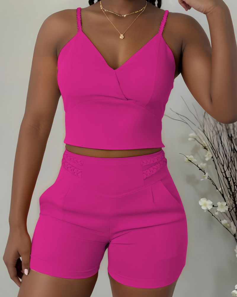 Women's Clothing Autumn And Winter Party New Casual Solid Color Twisted Suspender Top + Shorts Set_voghion.com