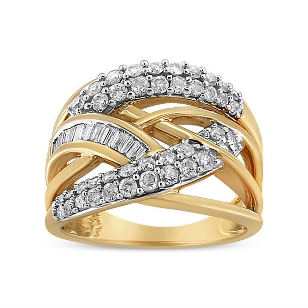 10K Yellow and White Gold 1.0 Cttw Round and Baguette-Cut Diamond Multirow Interwoven Cocktail Ring (I-J Color, I2-I3 Quality)_voghion.com