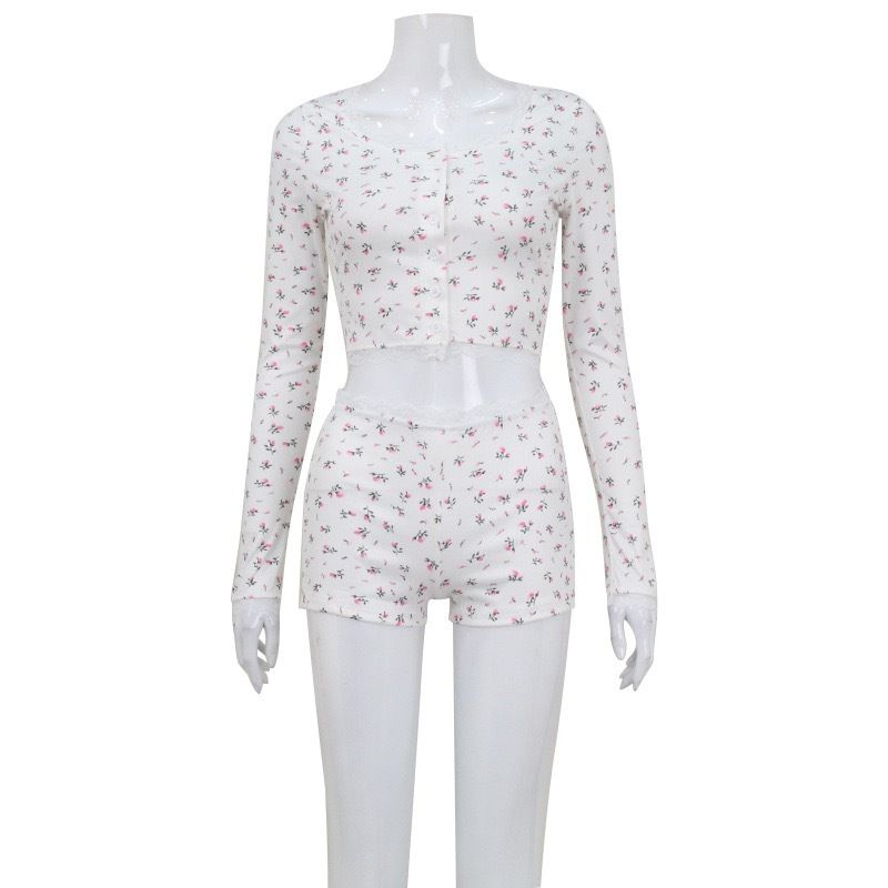 Sweet Fall Floral Lace Crop Top & Shorts Set - Women's Two-Piece Outfit, Comfort Stretch Polyester, S/M/L/XL (White Print)_voghion.com