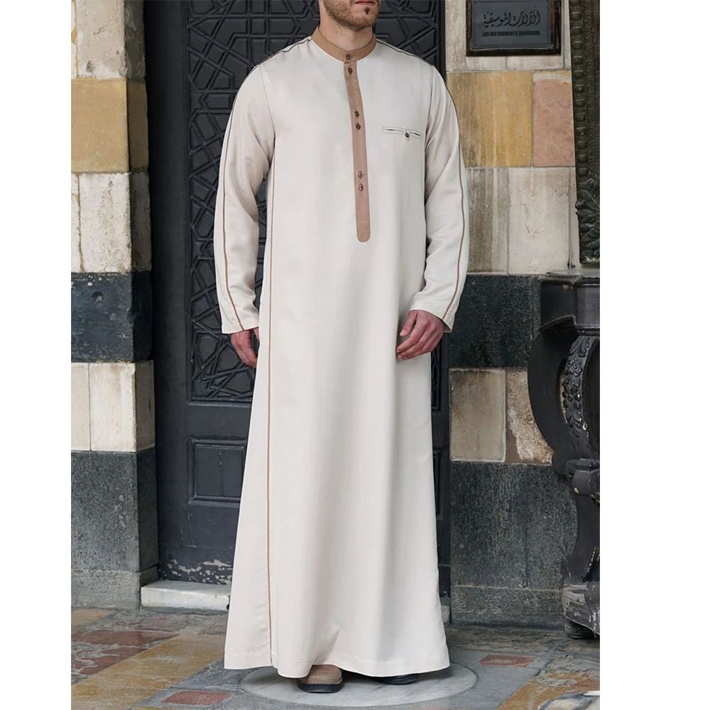 Herrenbekleidung Lange Herren Stehkragen Knopf Muslim Robe Männer_voghion.com
