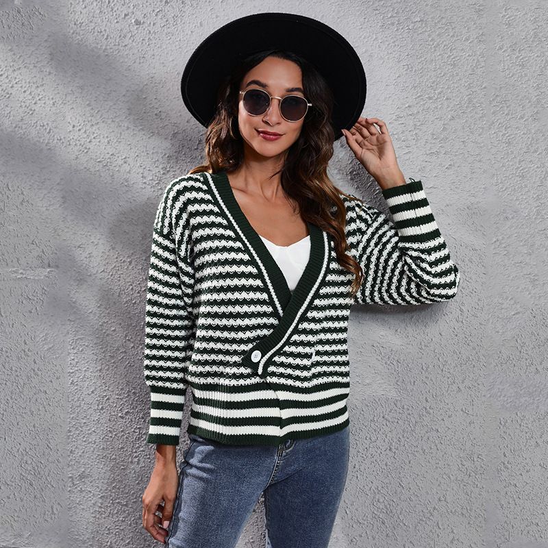 Striped V-neck Long sleeved Knitted Cardigan Sweater Women's Coat Korean Loose Fit Women's Wear_voghion.com