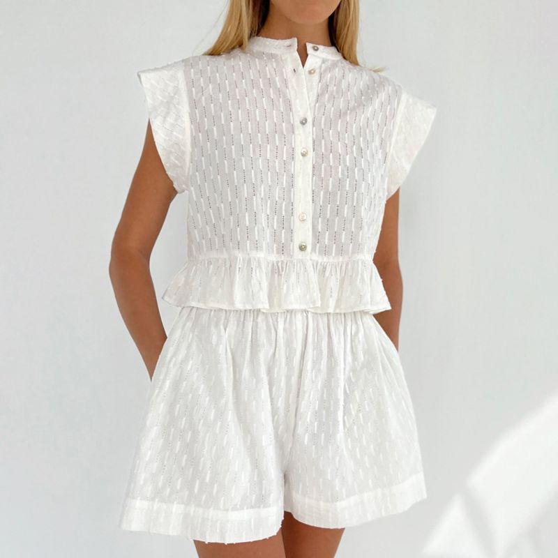 Women's ins style new jacquard short-sleeved design shirt casual simple shorts suit for women_voghion.com