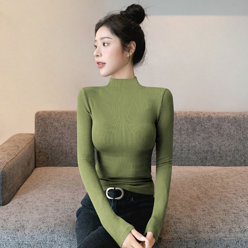 Half Turtleneck Base Shirt For Women 2025 New Autumn Winter Inner Layer Fleece Lined High-End Slim Fit Thin Knitted_voghion.com