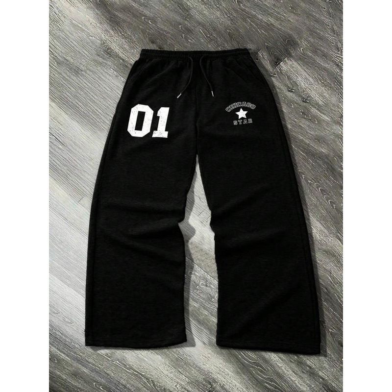 Unisex-Jogginghose mit Buchstabendruck – locker sitzende Jogginghose mit elastischem Bund, weichem Fleecefutter, bequem für Freizeitkleidung und Training (Schwarz, Grau)_voghion.com