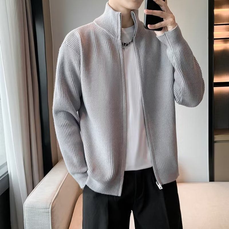 Lente en herfst Nieuwe truien, vesten, dunne breisels, trendy effen herenkleding met lange mouwen en rits voor heren_voghion.com
