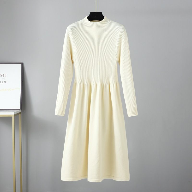 Robe en tricot à col mi-haut pour femmes, manches longues, taille à bascule_voghion.com