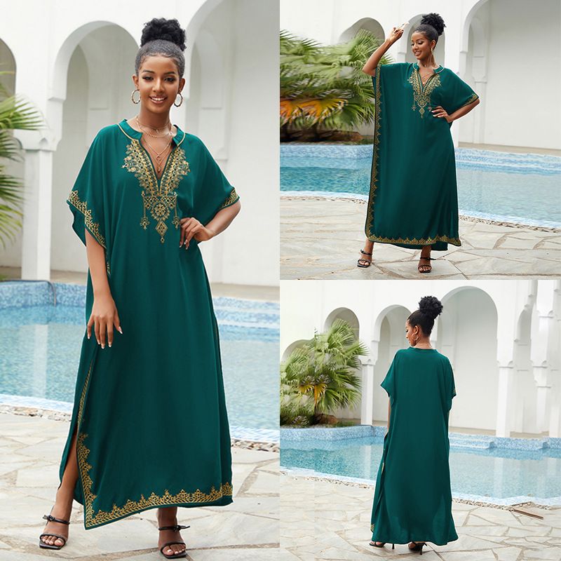 Besticktes Maxi-Strandkleid aus Baumwolle – Bohemian-Resort-Kleid mit fließenden langen Ärmeln, eleganter Bademoden-Wickel_voghion.com