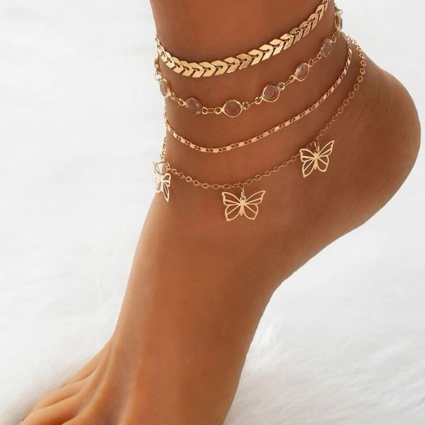 4-Piece Set Of Fashionable Simple Multi-Layer Metal Airplane Chain Hollow Butterfly Inlaid Diamond Anklets For Women_voghion.com