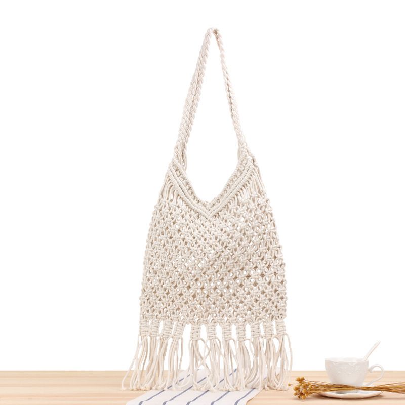 Ausgehöhlte handgewebte Tasche mit Netzfransen, Strandtasche mit einer Schulter, modische Tasche aus Waldstroh für Damen_voghion.com