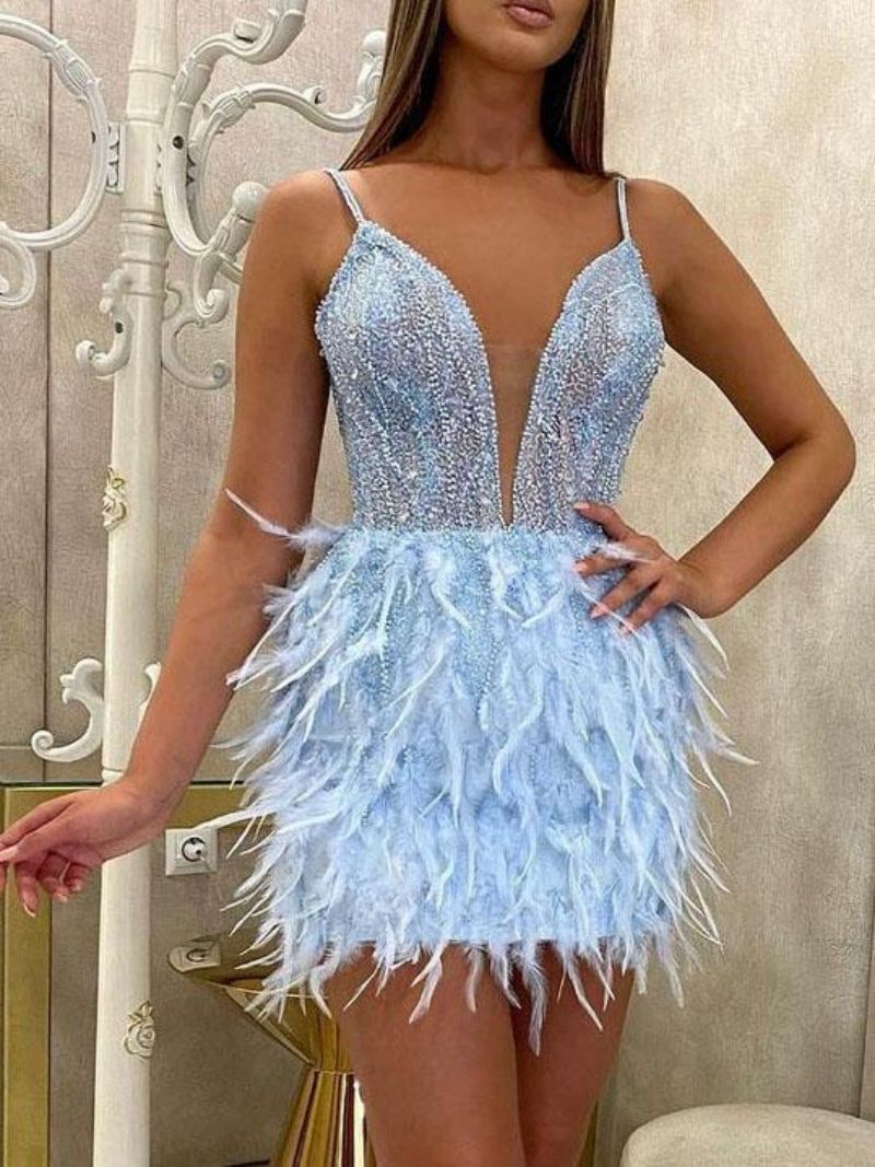 Damenbekleidung Kurzes Federkleid Sexy Damen Bankett Abendkleid_voghion.com