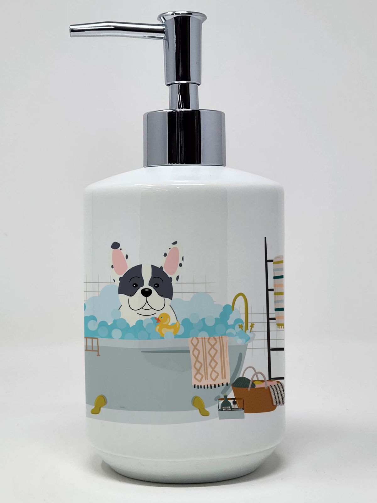 Piebald French Bulldog in Bathtub Ceramic Soap Dispenser Hand Soap Dispenser Pump Bottles for Bathroom Kitchen, Empty Refillable Liquid Soap Container_voghion.com