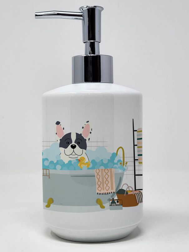 Piebald French Bulldog in Bathtub Ceramic Soap Dispenser Hand Soap Dispenser Pump Bottles for Bathroom Kitchen, Empty Refillable Liquid Soap Container_voghion.com