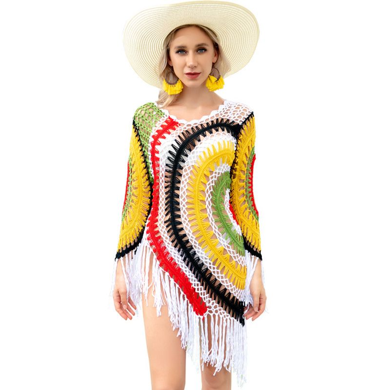 Plus Size Women's Beach Vacation Sun Protection Cover-Up Hand-Crocheted Patchwork Dress_voghion.com