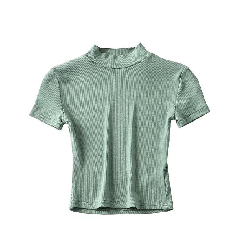 YPFF New Careful Machine Exposed Navel Half High Neck Short Sleeved T-shirt Women's Basic Versatile Slim Fit Top_voghion.com