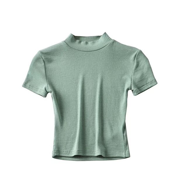 YPFF New Careful Machine Exposed Navel Half High Neck Short Sleeved T-shirt Women's Basic Versatile Slim Fit Top_voghion.com