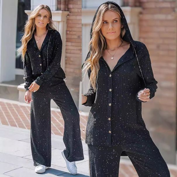 Dammekleeder Laangärmlech Kostüm mat Kapuzen- a Knäppercher aus puderéiertem Stoff_voghion.com