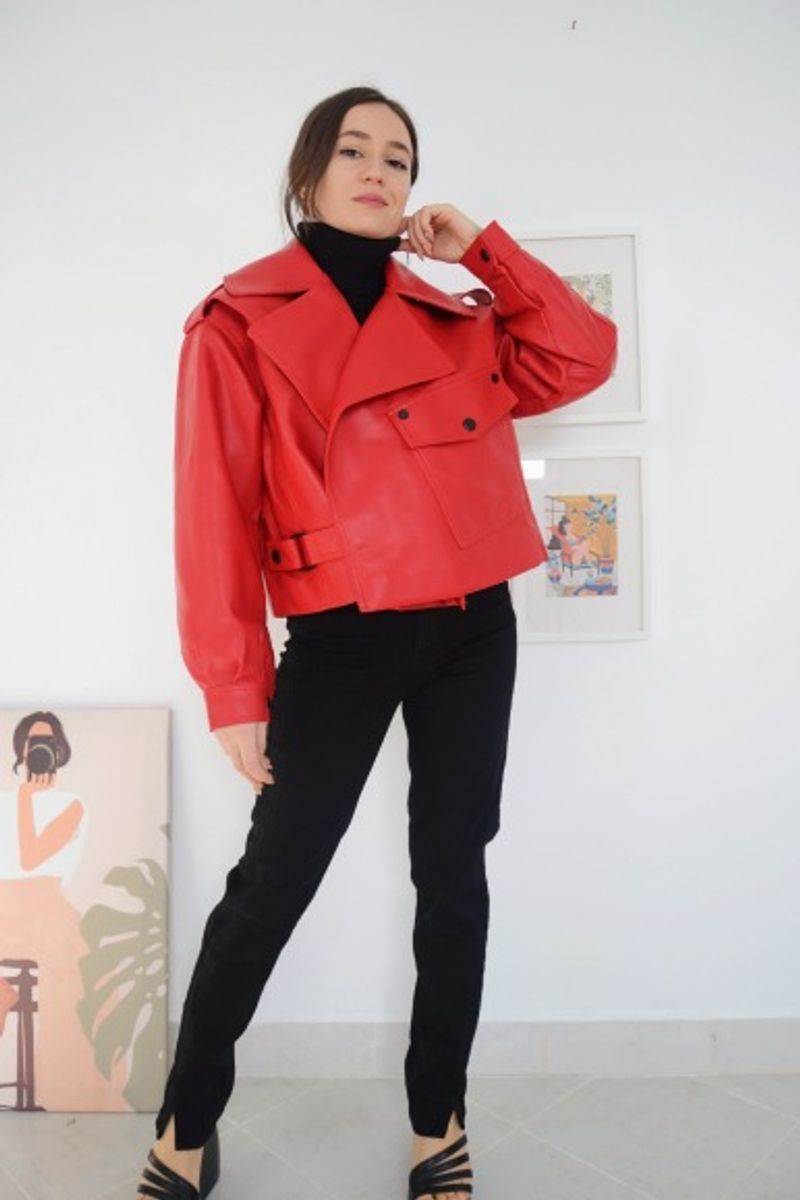 Geacă de piele cu mânecă lungă și rever pentru femei, versiune coreeană, stil hipster, stil coreean, stil urban, stil coreean_voghion.com