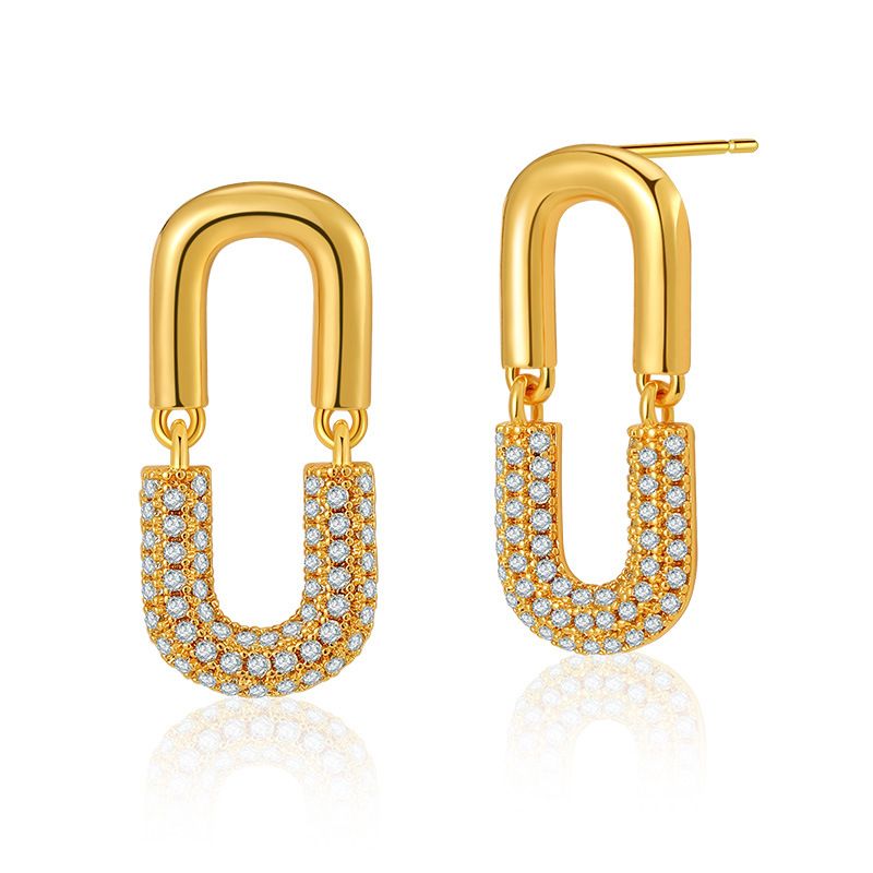 U-förmige Ohrringe aus Metall, Nähdesign, Persönlichkeitsohrringe mit eingelegter Zirkonia-Temperament-Büroklammer, Kupfer überzogen mit K-Echtgold_voghion.com