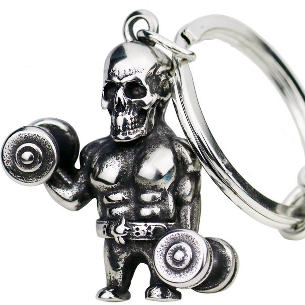 Skull dumbbell fitness keychain stainless steel polished hip hop creative cross-border e-commerce gift keychain_voghion.com