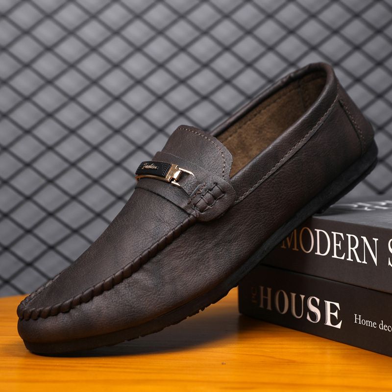 Vattentäta läderloafers i casual-modell med en fot, handgjorda affärsskor med låg skurning, svarta brittiska herrskor, platt botten, tjock_voghion.com