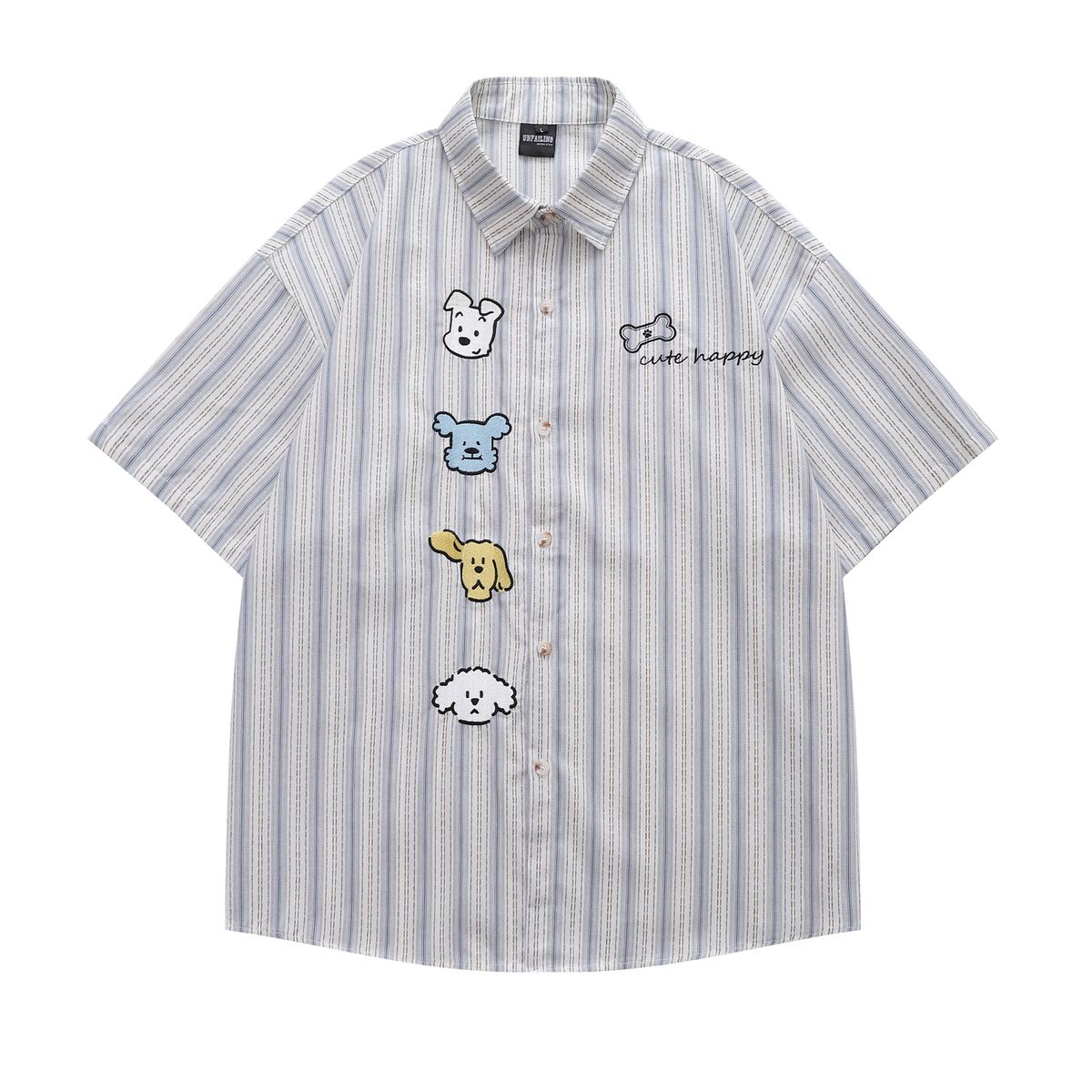 Fun Dog Embroidered Striped Short For Men And Women Street Trendy Loose Couple Half Sleeve Shirt_voghion.com